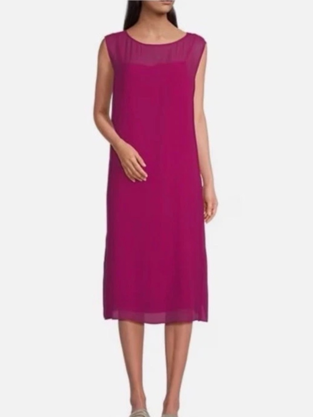 Eileen Fisher Sangria Sheer Silk Georgette Bateau Neck Dress Sz M NWT